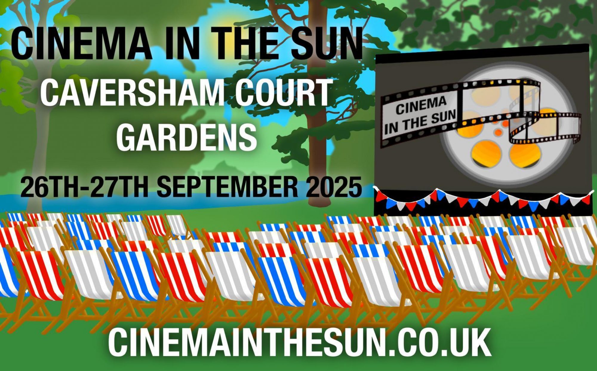An image displaying the text "Cinema in the Sun. Caversham Court Gardens. 26th-27th September 2025." The image is a cartoon depiction of rows of deckchairs, facing towards a screen, outside on a sunny day.